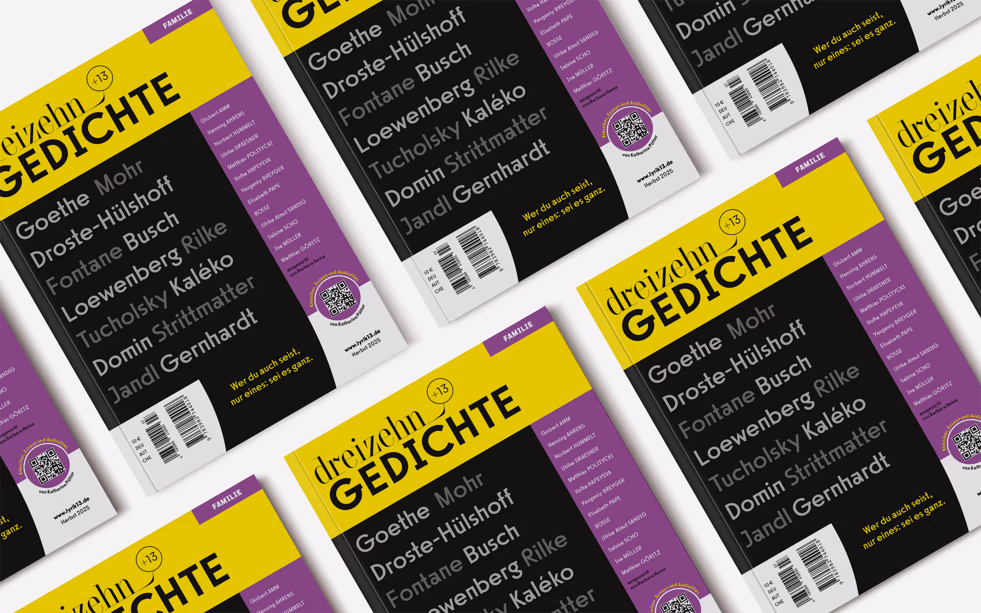 Mehrere übereinander angeordnete Cover des Buches dreizehn+13 Gedichte – Familie. Das Design zeigt einen gelben oberen Bereich mit Buchtitel, einen schwarzen Mittelteil mit Namen klassischer Autorinnen und Autoren wie Goethe, Droste-Hülshoff, Fontane, Rilke und Kaléko sowie einen lilafarbenen Seitenstreifen mit weiteren Mitwirkenden. Jedes Cover enthält zudem einen QR-Code und einen Barcode.