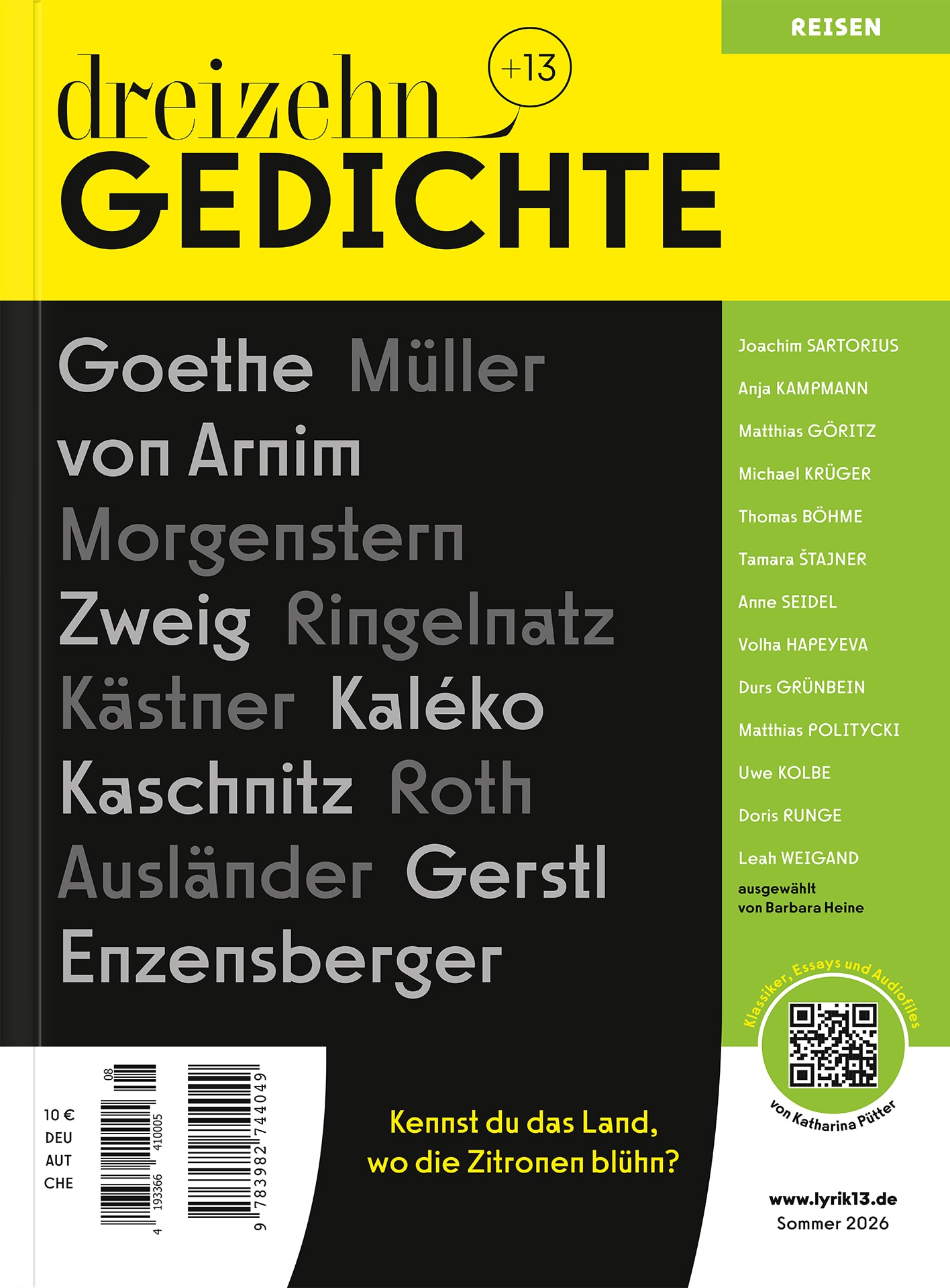 Buchcover mit dem Titel „dreizehn GEDICHTE“, auf dem die Namen deutscher Dichter und Herausgeber zu sehen sind; das Buch widmet sich Reise-Gedichten und besticht durch ein schwarz-gelbes Design mit einer grünen Seitenleiste, in der die Namen der Mitwirkenden aufgeführt sind.